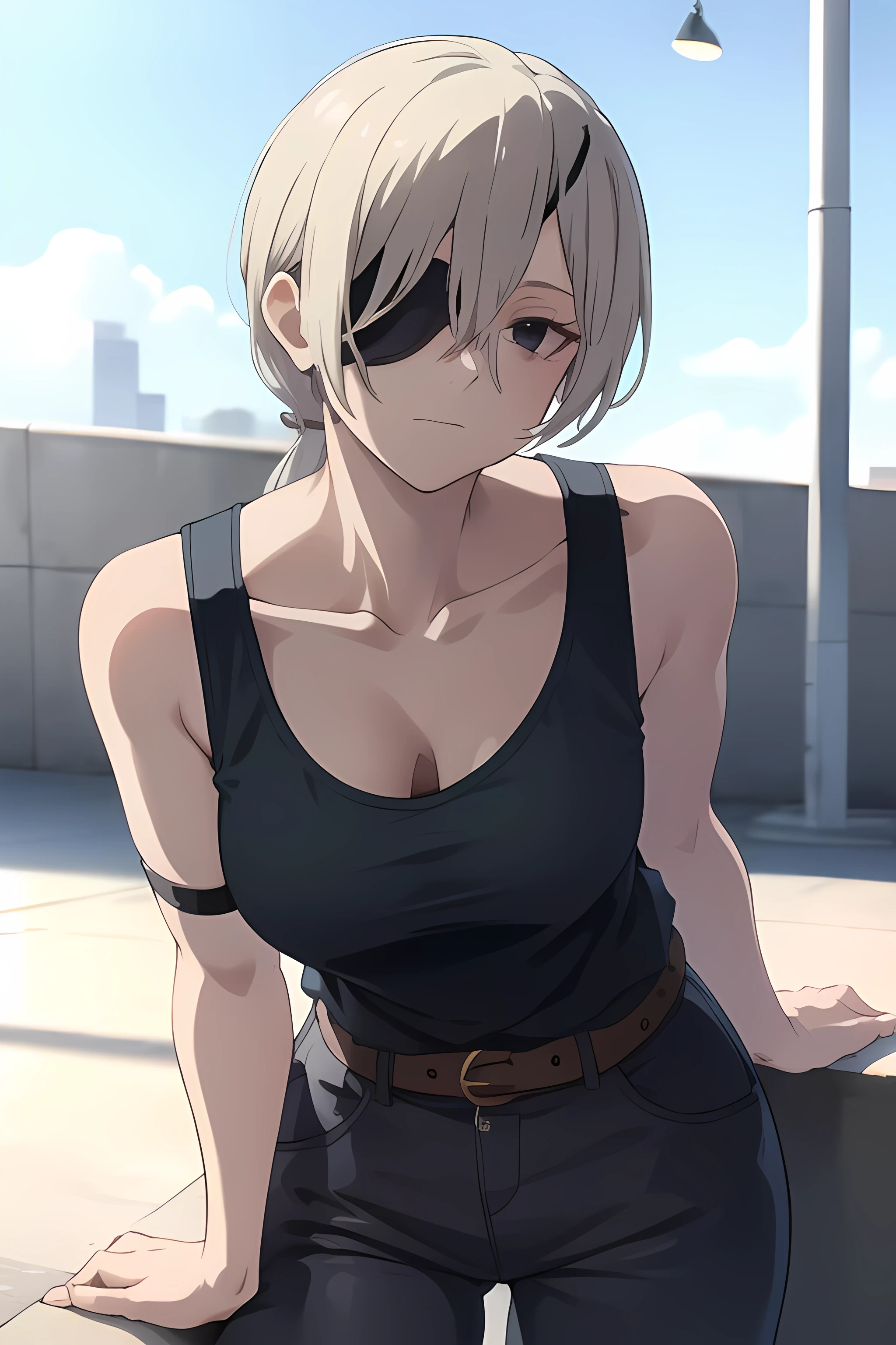 /upscale (masterpiece, best quality:1.2), solo, 1girl, quanxi, expressionless, closed mouth, looking at viewer, crossed arms, big cleavage, big breasts, ponytail, eyepatch, black tank top, black pants, downblouse, loose t-shirt, leaning forward