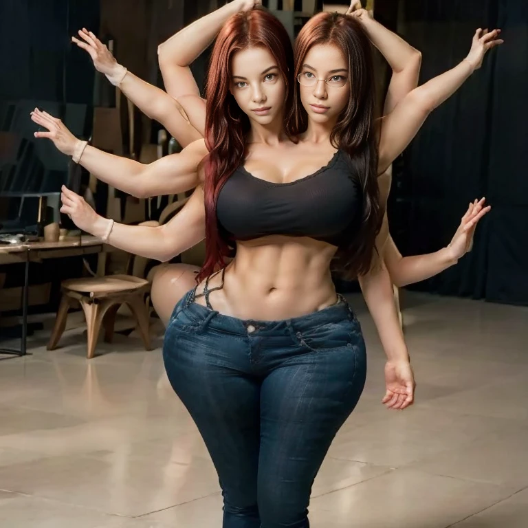 Masterpiece, best quality, 1girl, solo, 23 years old, adult, bright red hair, messy hair, asymmetrical hair, ahoge, long hair, aqua eyes, huge round breasts, toned, 167cm, pale skin, glasses, grin, olive green shirt, jeans, midriff peek, (five heads)full body shot,cute feet(extra limbs)( extra arms)many muscular arms