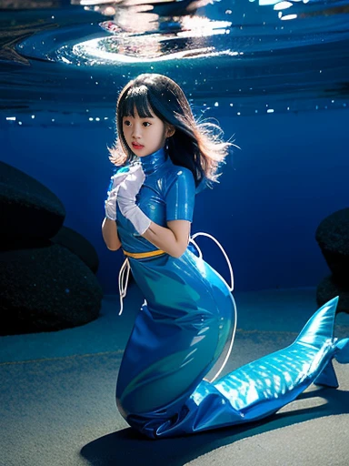 female kindergartener Mermaid from the neck down Rubber Suit Butterfly on the back々Feather Hair color blue
