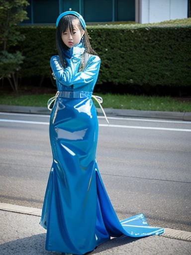 Live Action　A Japanese kindergarten girl and two researchers　Wearing a blue rubber dress　Mermaid.　latex　Blue face