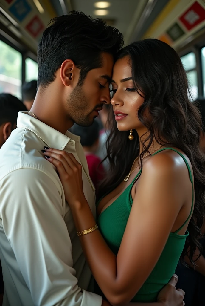 top angle image, realistic, Beautiful Indian woman and man, sitting at the back seat of car, romantic scene, soft natural lighting, wearing deep neck casual shirt and wearing a micro mini skirt, his hand is around her shoulder groping her breast, steamy romance, cinematic lighting