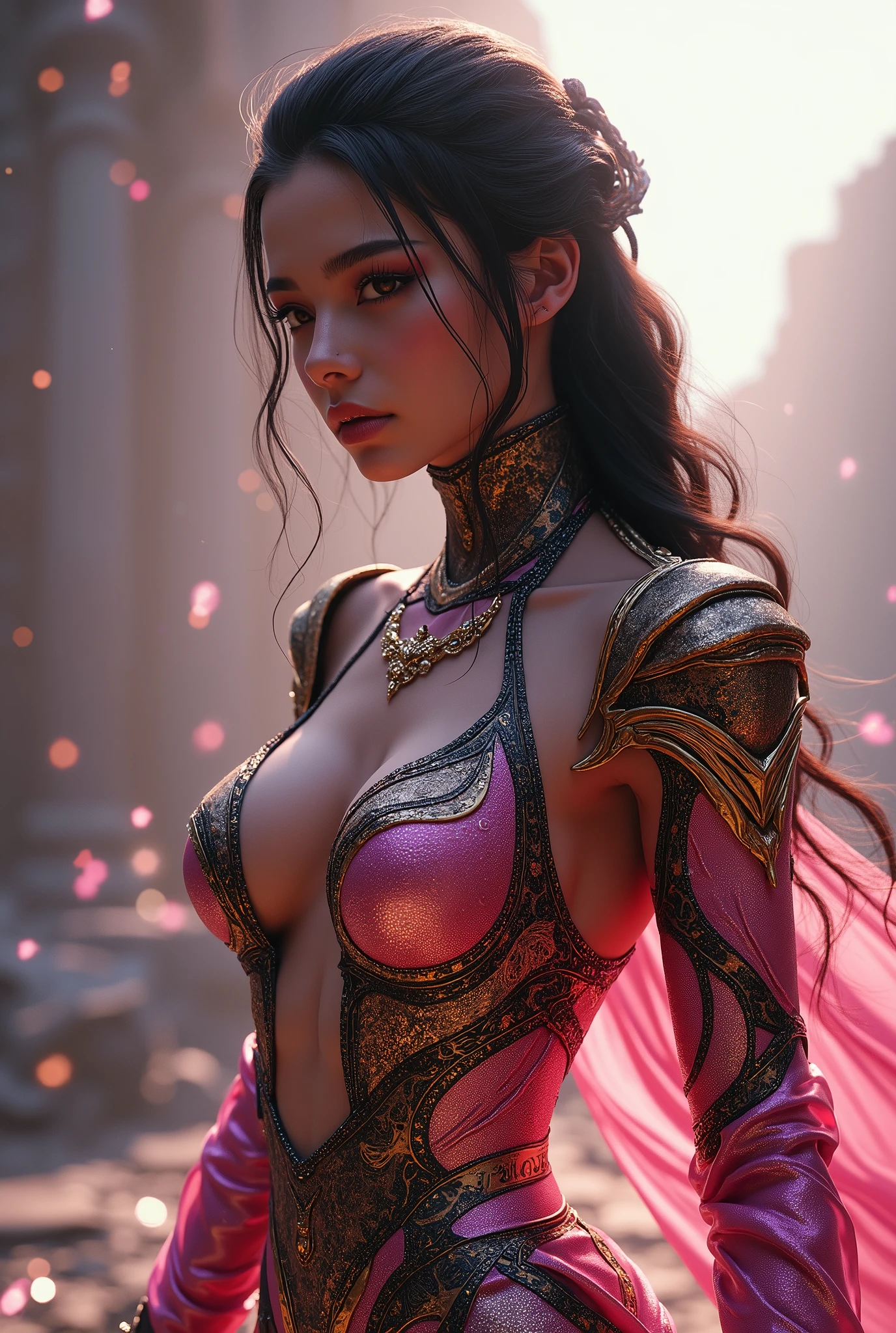 ((Waist shot)), Game Art，best image quality，close-up，32k，(Breast photo)，(image like)，(Close-up shot)，(rule of thirds)，การแสดงผล Unreal Engine 5 ทำงานได้， (Girl of the Future)，(Female Warrior)， 20 year old girl，   Elegant Smile  , for short hair, ((Hunter))， eyes full of details ，(big-breasted dress)， Peace Glorious and honorable ，Ignoring ，brave， pink sash，Glowing magic lines ，Thai outfit clothes during the 3rd reign，Medieval Ranger Stuffed with Dikli Lavadi,， Pose for a photo，simple background，Movie Lighting，imaging with radiation tracking，CG games，(( 3D Unreal Engine ))， OC Render Reflection Mode 