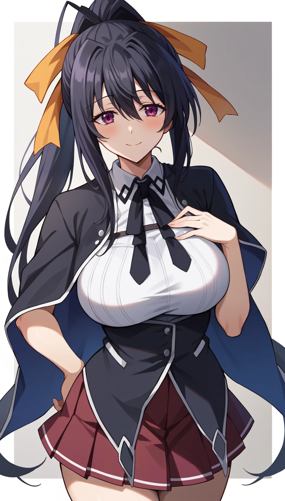 masterpiece, best quality, vibrant colours highres, absurdres, score_9, score_8_up, score_7_up, score_9, BREAK akenohimejimaSDXL, 1girl, solo, long hair, breasts, looking at viewer, blush, smile, bangs, skirt, large breasts, room background, shirt, black hair, ribbon, hair between eyes, very long hair, closed mouth, school uniform, purple eyes, hair ribbon, white shirt, ponytail, cowboy shot, pleated skirt, hand on hip, capelet, red skirt, hand on own chest, yellow ribbon, black capelet, orange ribbon, himejima akeno,