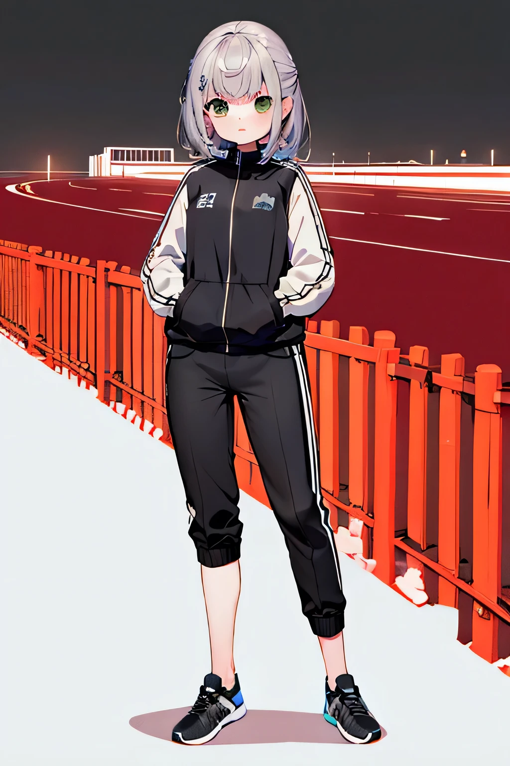 gray track jacket, black long pants, full body, high quality, run way, White background,