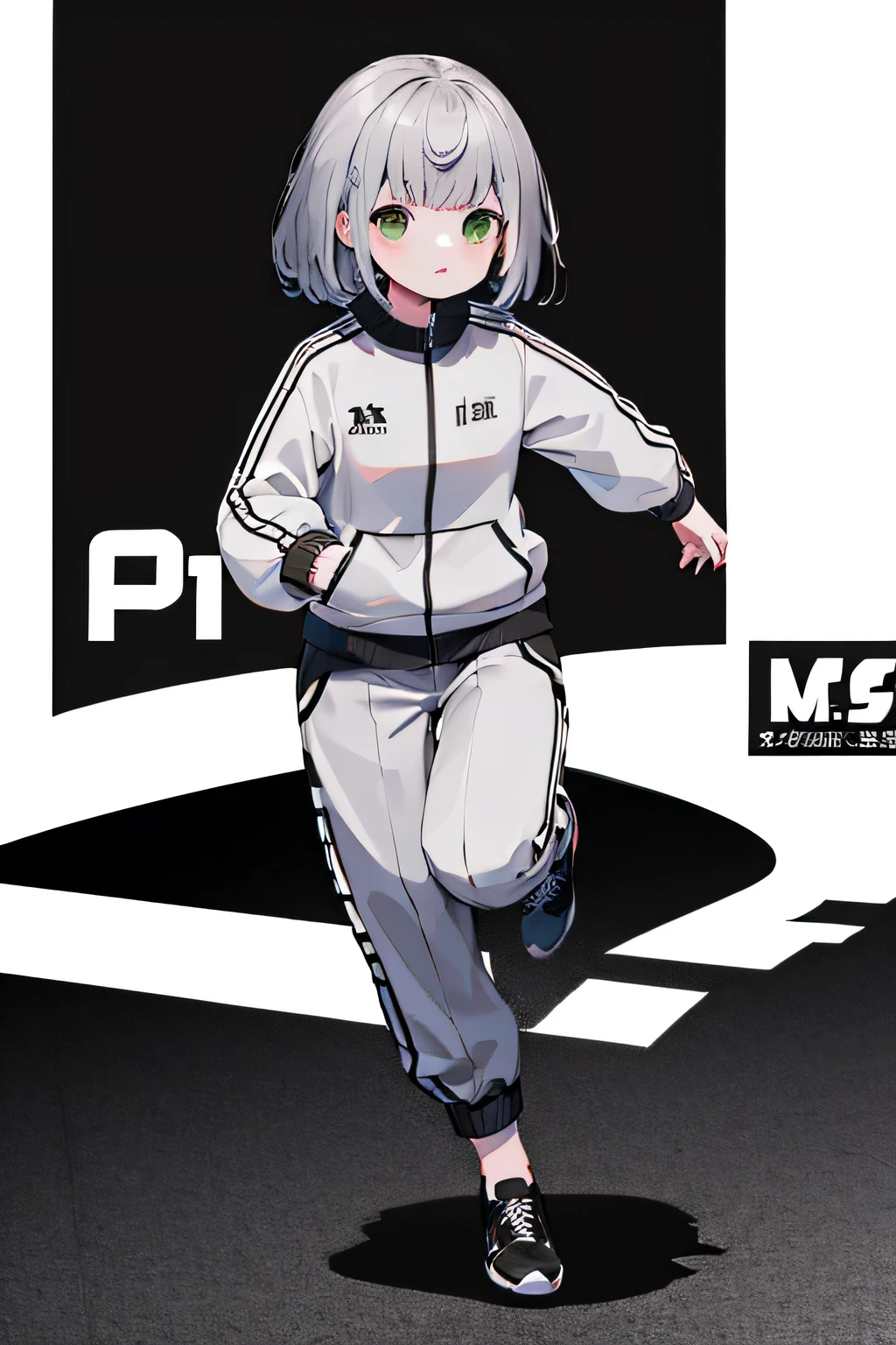 gray track jacket, black long pants, full body, high quality, run way, White background,