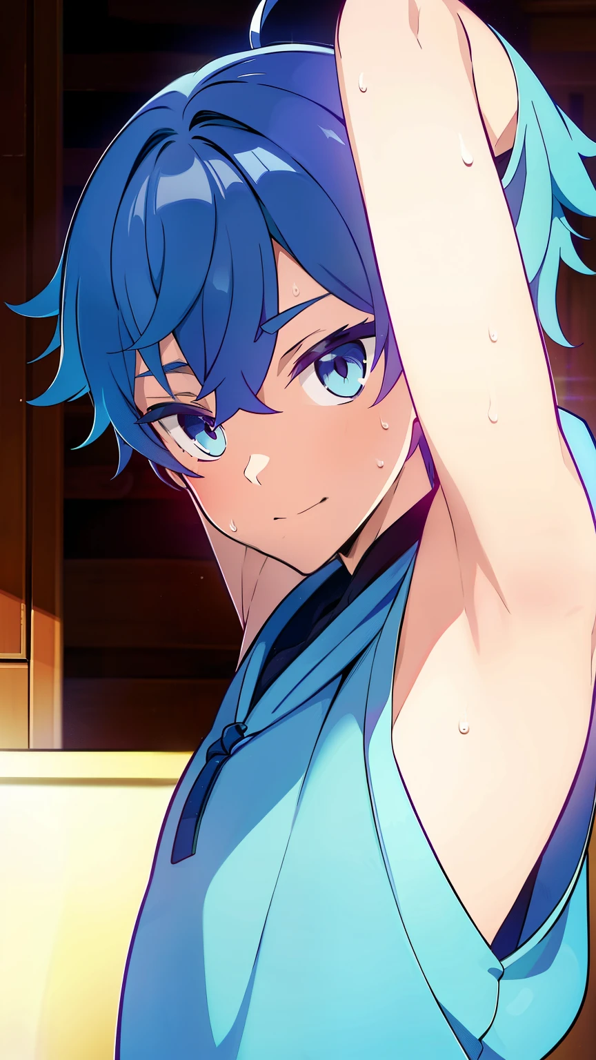 Highres, Masterpiece, Best quality at best,Best Quality,hight quality, hight detailed, Anime style, 1boy, Shota, young boy,14-years-old, chongyun, blue hair, blue eyes, short hair bangs, hair between eyes, Sleeveless hoodie, Bare shoulder, body, light smile, Seen from the front, (Showing armpit:1.3), (very young boy), (very small and short body), Simple beckground, cute boy, Uhd, bokeh, sweat