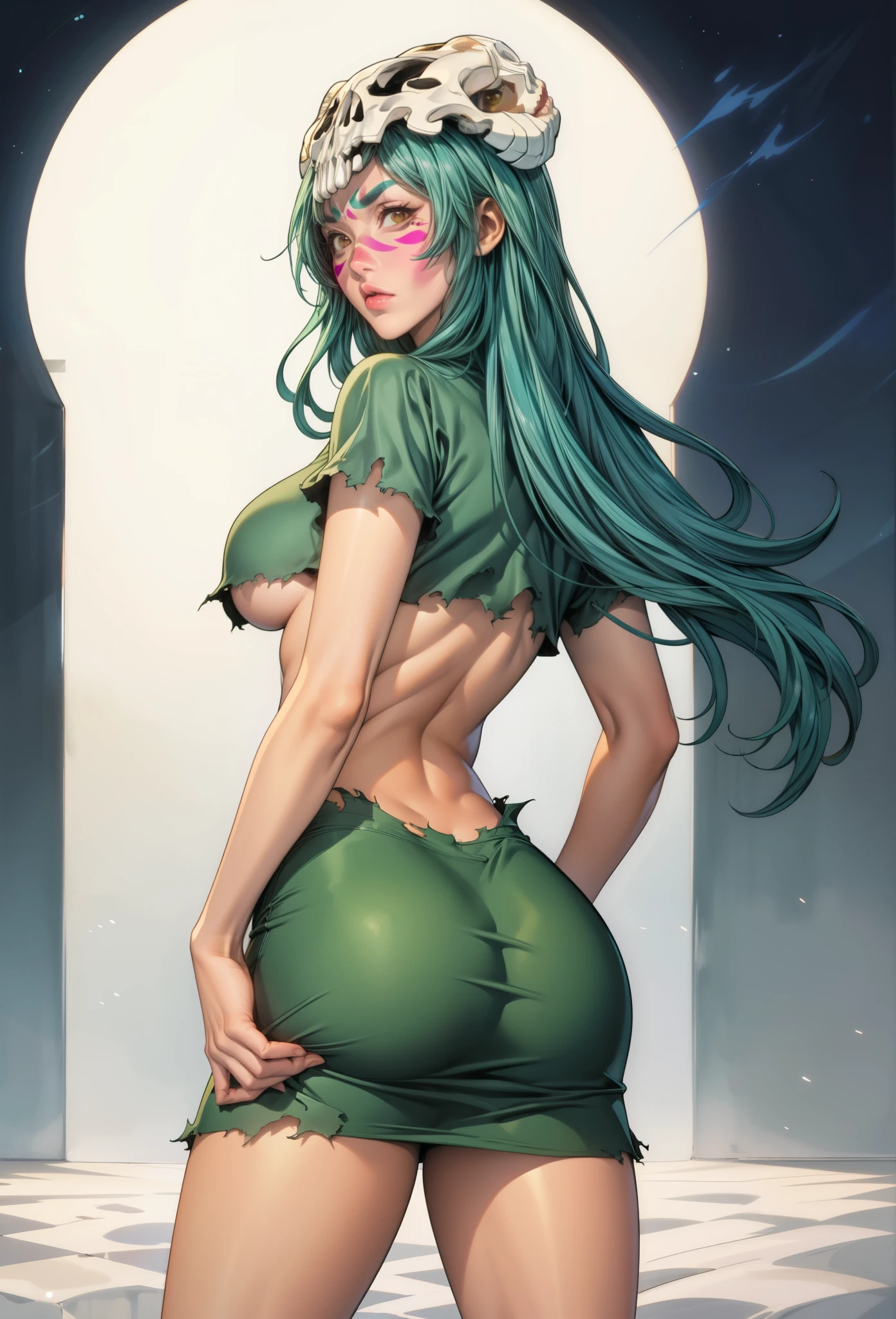 perfect eyes:1.2, detailed eyes:1.4, nelliel tu odelschwanck, long hair, green hair, (facial mark:1.5), skull, (brown eyes:1.5), green hair, normal outfit, skirt, barefoot, midriff, torn clothes, crop top, short sleeves, cowboy shot, 1girl, solo, (masterpiece:1.6, best quality), 8k, insane details, intricate details, hyperdetailed, hyper quality, high detail, ultra detailed, professional, HDR, ray tracing reflection, cinematic lighting,