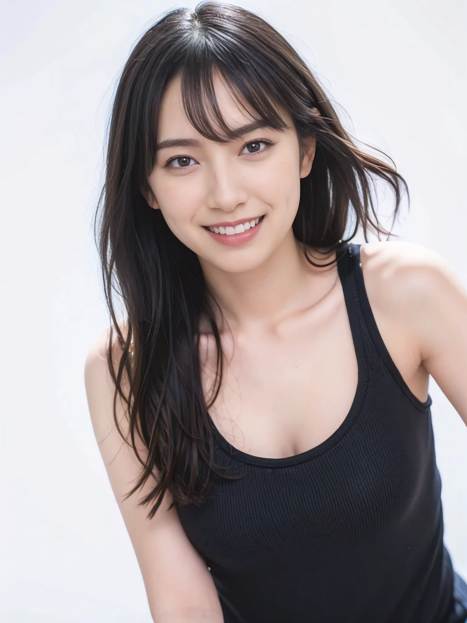 1girl, 25years old woman, (perfectly detailed face), (((Tank tops))), Slim body, Small breasts, medium breasts, cute face, beautiful face, ((looking at viewer)), Simple Background, ((white background)), ((white wallpaper)), White skin, (bright lighting:1.2), perfect lighting, smile, light smile, photorealistic, (bokeh), UHD, anatomically correct, highres, masterpiece