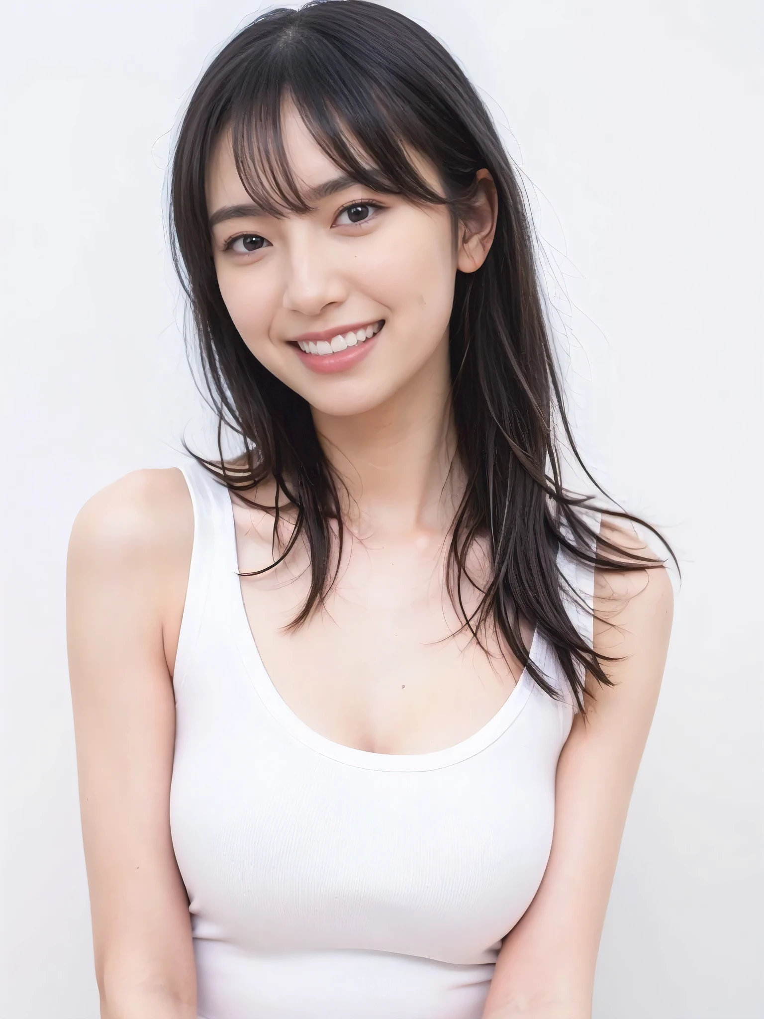 1girl, 25years old woman, (perfectly detailed face), (((Tank tops))), Slim body, Small breasts, medium breasts, cute face, beautiful face, ((looking at viewer)), Simple Background, ((white background)), ((white wallpaper)), White skin, (bright lighting:1.2), perfect lighting, smile, light smile, photorealistic, (bokeh), UHD, anatomically correct, highres, masterpiece