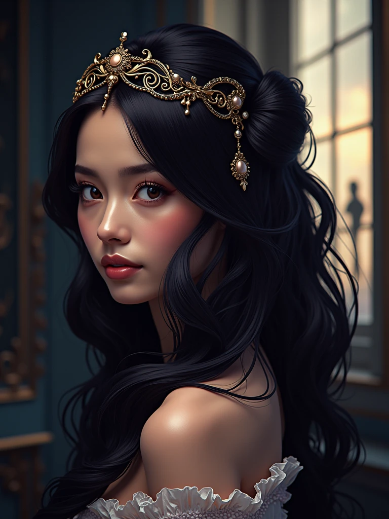 Black haired woman with crown and bangs, black eyes, 2D, evening dress