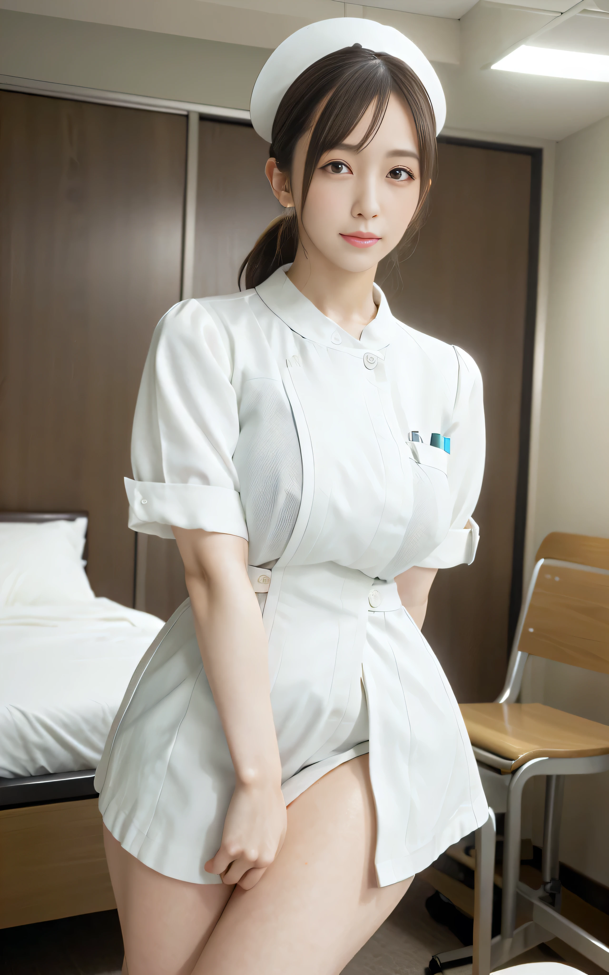 (masterpiece,ultra-detailed,best quality,8K,CG,illustration,shaved:1.0),(1girl:1) 、Dark Room、bedroom、Sexy gestures and faces、Sexy, jyojifuku,nurse