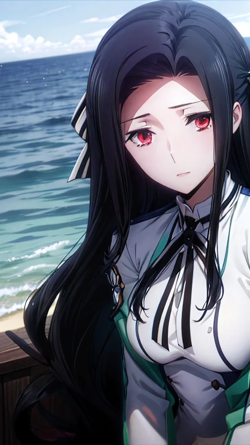 Detailed analysis, Extra Fine Work, Best quality, Ultra Full HD clarity+, Clarity2180p, The most realistic light and shadow, Anime, background, sea, From the series Mahouka Koukou no Rettousei, Mayumi Saegusa, long black hair, Crimson eyes, Detailed eye, cute, Gradient eyes, Very big breasts, black stockings, White bow hair accessory