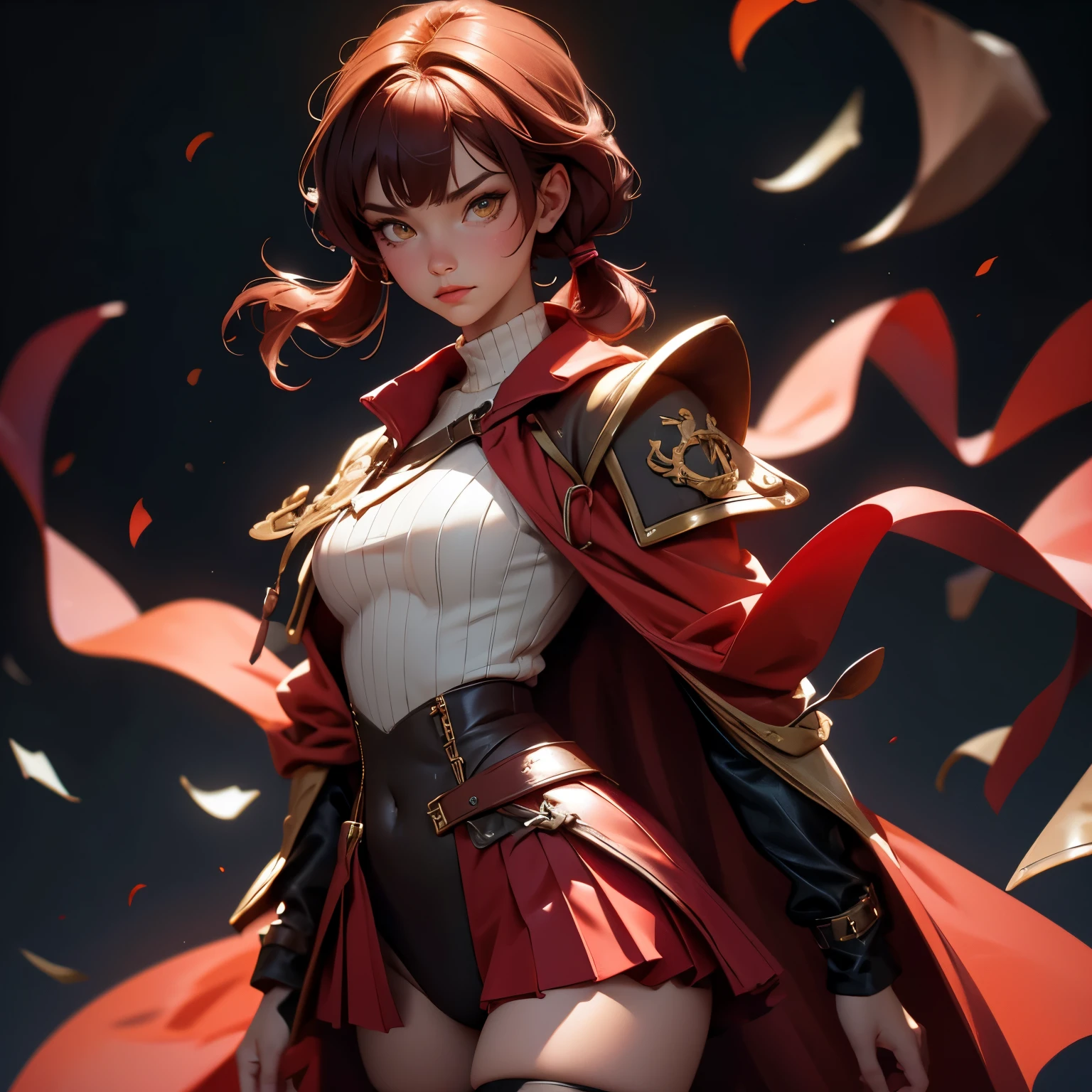 envision a 8k, highres, cinematic, beautiful close up portrait of a woman with dark red hair with small pigtails, yellow eyes, Pirate Dress, Tactical Skirt, Black coat over the shoulders, brown leotard, brown thighhighs, covered navel, leotard, leotard under clothes, red ribbon, in dark lighting, against a dark gray background