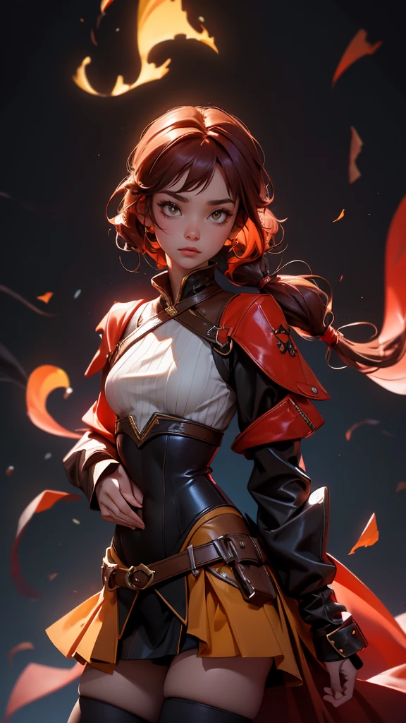 envision a 8k, highres, cinematic, beautiful full body splash art of a woman with dark red hair with small pigtails, yellow eyes, Pirate Dress, Tactical Skirt, Black coat over the shoulders, brown leotard, brown thighhighs, covered navel, leotard, leotard under clothes, red ribbon, in dark lighting, against a dark gray background