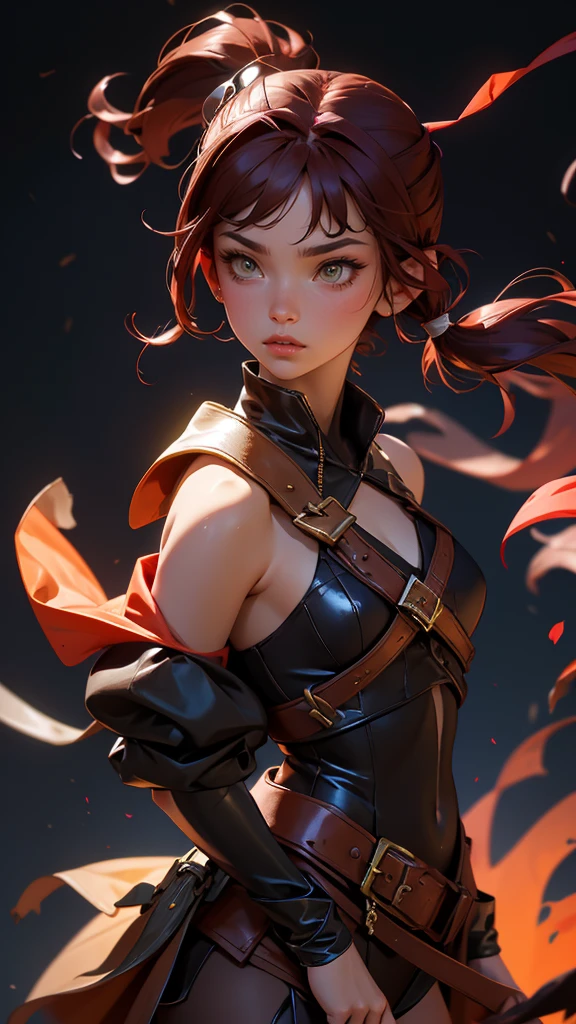 envision a 8k, highres, cinematic, beautiful full body splash art of a woman with dark red hair with small pigtails, yellow eyes, Pirate Dress, Tactical Skirt, Black coat over the shoulders, brown leotard, brown thighhighs, covered navel, leotard, leotard under clothes, red ribbon, in dark lighting, against a dark gray background