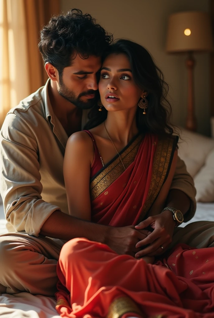 A girl, tanned skin, wearing a black colour saree,red and green designs on it,full sleeve dark red blouse, long hair, black hair, open hair, Straight hair ,Asian style, sitting on a bed, looking at a man who wears a white shirt,folded sleeve,black jeans, night, dream light,