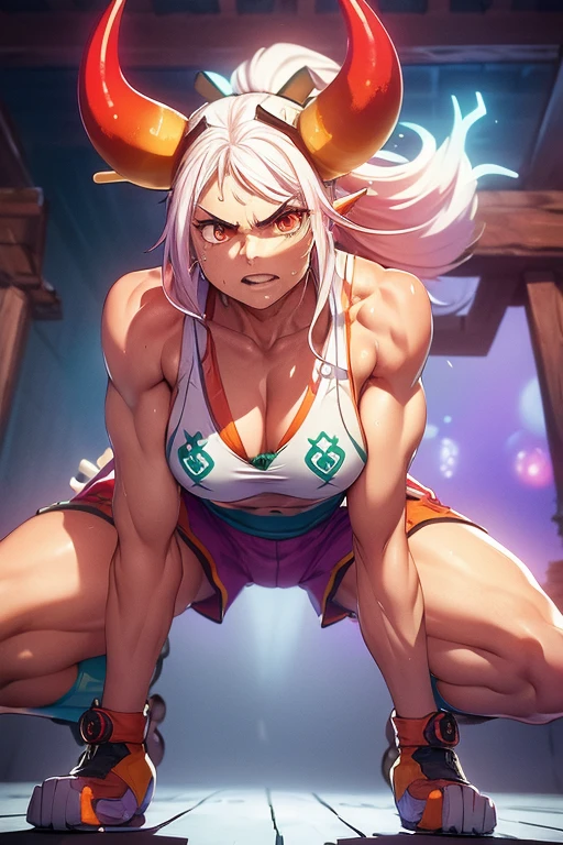 tabletop, 8k,very detailled),1 girl, へそ, sleeveless, high necked, Red eye, long  white hair,She has two red horns on her head., gola alta sleeveless cor azul , big breastss , mitts, top cut, Shorts cor preta,, armors, open jacket，Large Chest Squat Exercise, big breasts , dynamic angle，Smaller abs，，The light is dim，Surreal graphics，color red，yellow，orange colors，green color，blues colors，Blue green，purple color，in pink, sweat ,Gym room，arms raised，open fists ，Bent over posture with hands behind back masterpiece