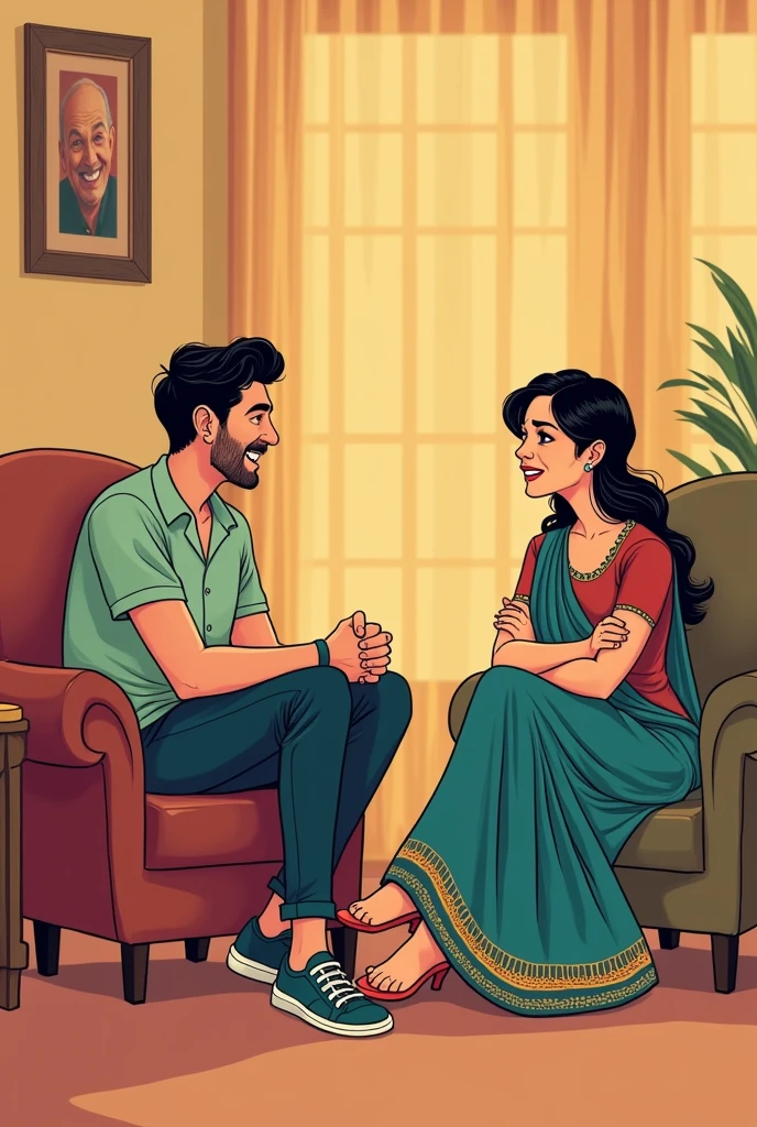 Create an cartoon image of a beautiful women wearing saree in front of her a man standing wearing white shirt and blue pant and they were talking to each other inside the house women is in normal expression