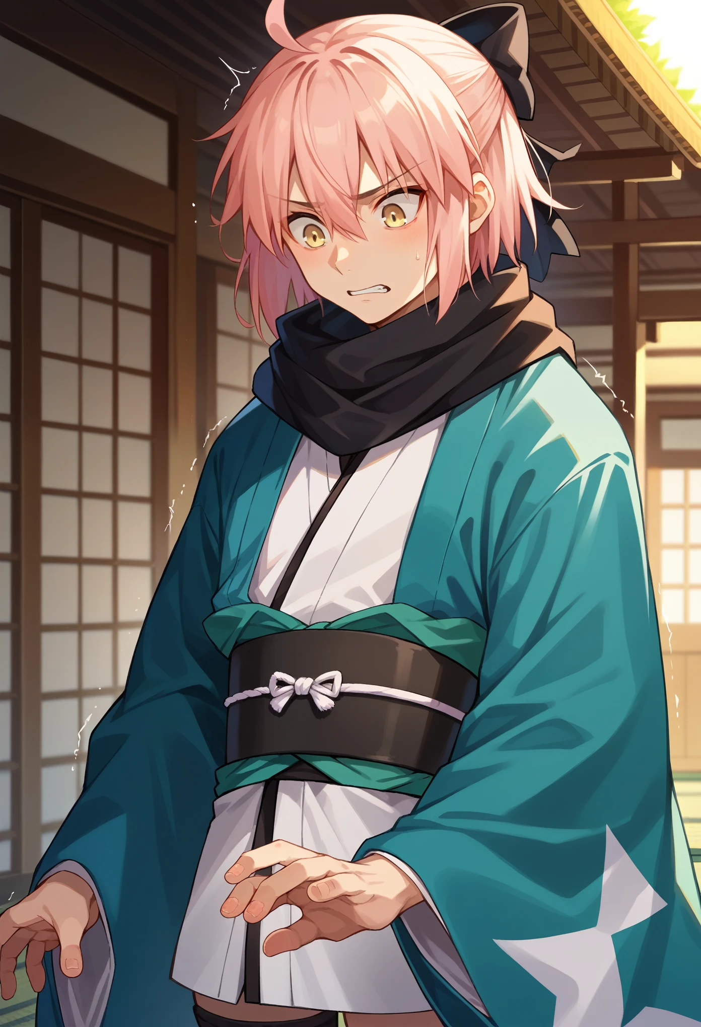 score_9, score_8_up, score_7_up, 1boy, solo, (male:1.5), male foucus, small breasts, okita souji, ahoge, pink hair, hair between eyes, hair bow, short hair, yellow eyes, black scarf, black bow, japanese clothes, kimono, sash, scarf, black thighhighs, opened hands, standing, scared, shaking,  cowboy shot, looking down, japanese garden