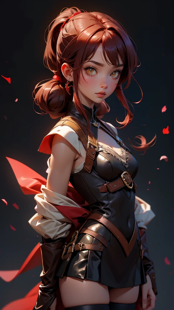 envision a 8k, highres, cinematic, beautiful full body splash art of a woman with dark red hair with small pigtails, yellow eyes, Pirate Dress, Tactical Skirt, Black coat over the shoulders, brown leotard, brown thighhighs, covered navel, leotard, leotard under clothes, red ribbon, in dark lighting, against a dark gray background