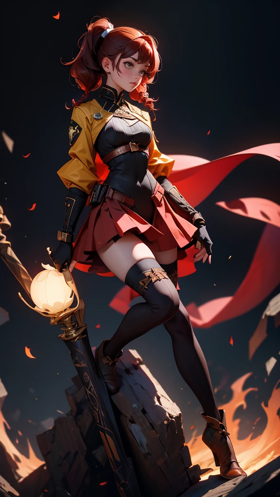 envision a 8k, highres, cinematic, beautiful full body splash art of a woman with dark red hair with small pigtails, yellow eyes, Pirate Dress, Tactical Skirt, Black coat over the shoulders, brown leotard, brown thighhighs, covered navel, leotard, leotard under clothes, red ribbon, in dark lighting, against a dark gray background