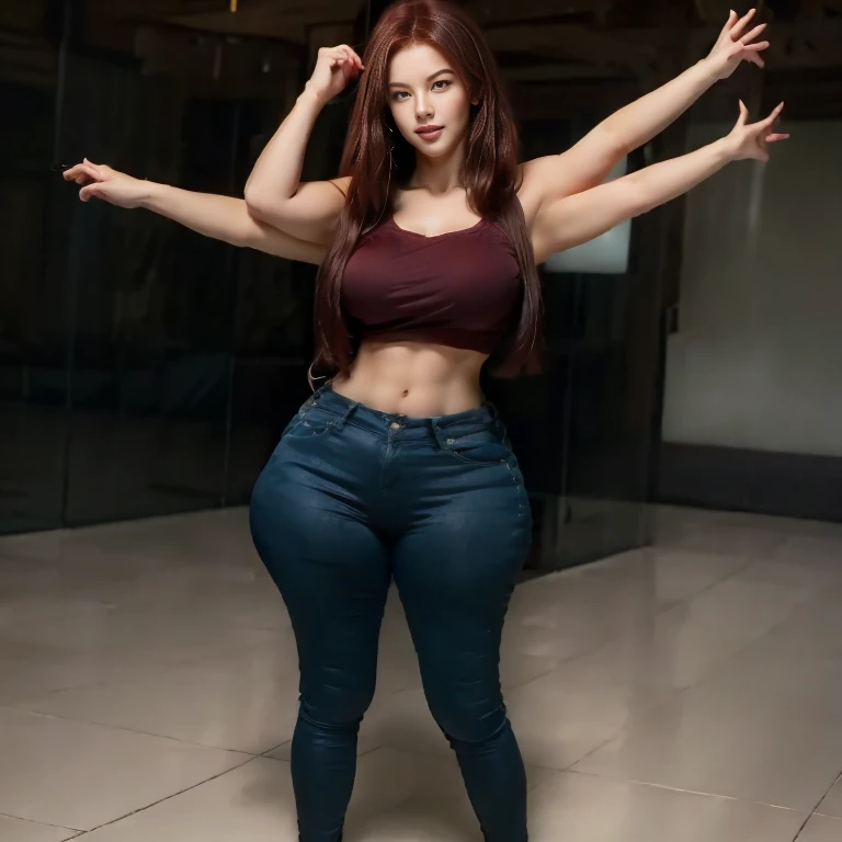 Masterpiece, best quality, 1girl, solo, 23 years old, adult, bright red hair, messy hair, asymmetrical hair, ahoge, long hair, aqua eyes, huge round breasts, toned, 167cm, pale skin, glasses, grin, olive green shirt, jeans, midriff peek, (five heads one body)full body shot,cute feet(extra limbs)( extra arms)many muscular arms