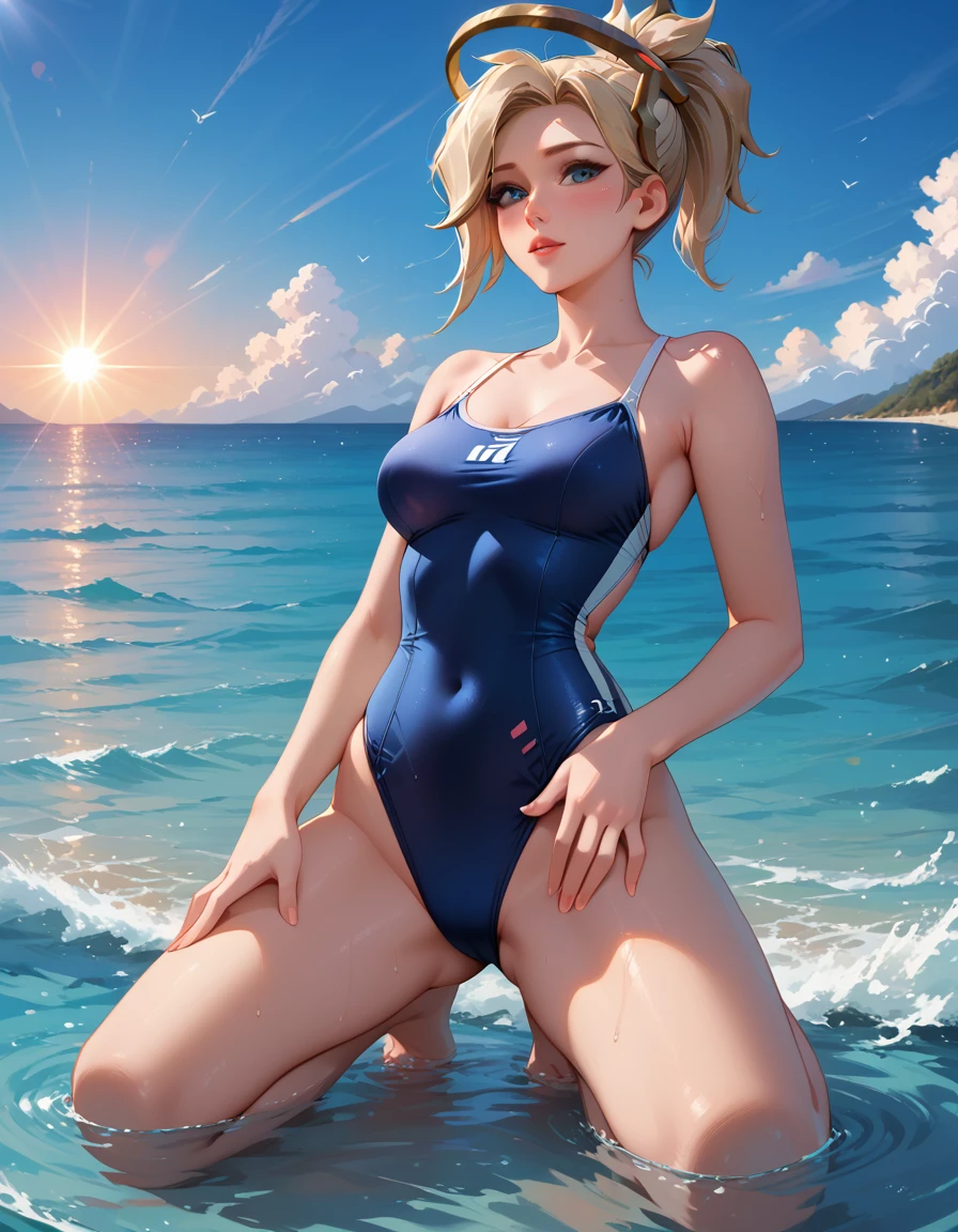 score_9, score_8_up, score_7_up, score_6_up, cinematic film still, solo, 1girl, BREAK mrcy, short hair, high ponytail, halo, cute swimsuit, beach, kneeling in shallow water, submerged, legs apart, hands on thighs, model poses, blush, beautiful scene, sunrise, lens flare, highly detailed, detailed face, absurdres, 4k, masterpiece, best quality, low angle.