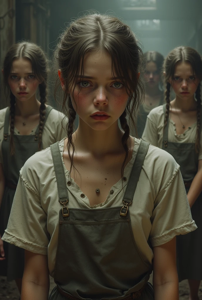 2024 cute teenage, girls working in 1800s factory vintage while looking the camera