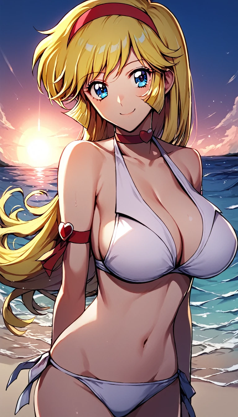 ((kisaragi honey:1.4)), ((masterpiece, best quality, highres, distinct_image)), extremely beautiful and delicate, extremely detailed, intricate detail, 1girl, solo, (blonde hair:1.1), ((white bikini:1.3)), (hair band, red), BREAK score_9, score_8_up, score_7_up, source_anime, best quality, (blue eyes:1.1), (She walked along the beach in the sunset, her bare feet touching the water, the closest she came to seeing that smile:1.1), (upper body:1.2),