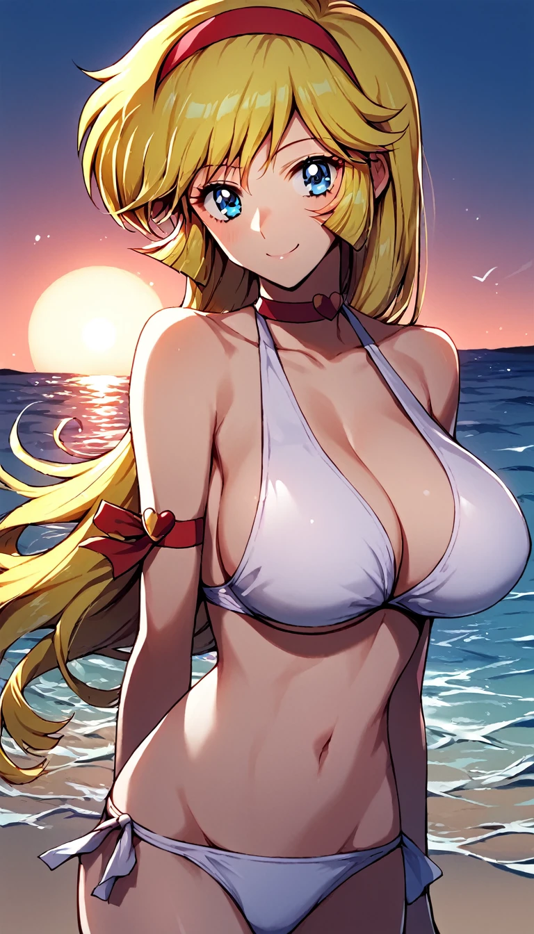 ((kisaragi honey:1.4)), ((masterpiece, best quality, highres, distinct_image)), extremely beautiful and delicate, extremely detailed, intricate detail, 1girl, solo, (blonde hair:1.1), ((white bikini:1.3)), (hair band, red), BREAK score_9, score_8_up, score_7_up, source_anime, best quality, (blue eyes:1.1), (She walked along the beach in the sunset, her bare feet touching the water, the closest she came to seeing that smile:1.1), (upper body:1.2),