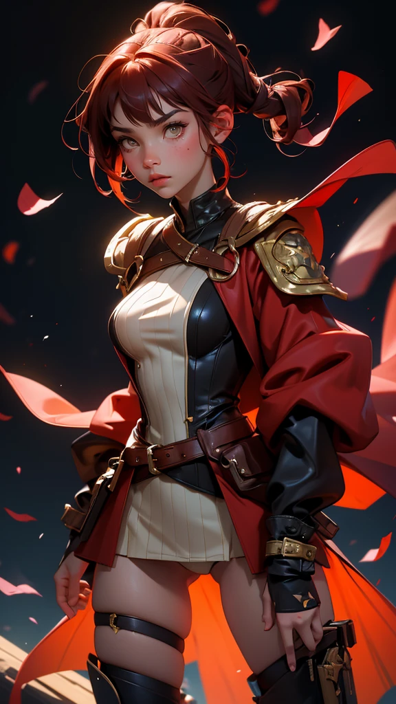 envision a 8k, highres, cinematic, beautiful full body splash art of a woman with dark red hair with small pigtails, yellow eyes, Pirate Dress, Tactical Skirt, Black coat over the shoulders, brown leotard, brown thighhighs, covered navel, leotard, leotard under clothes, red ribbon, in dark lighting, against a dark gray background