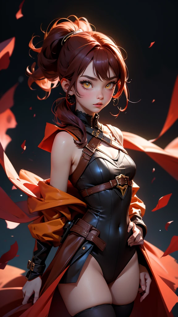 envision a 8k, highres, cinematic, beautiful full body splash art of a woman with dark red hair with small pigtails, yellow eyes, Pirate Dress, Tactical Skirt, Black coat over the shoulders, brown leotard, brown thighhighs, covered navel, leotard, leotard under clothes, red ribbon, in dark lighting, against a dark gray background