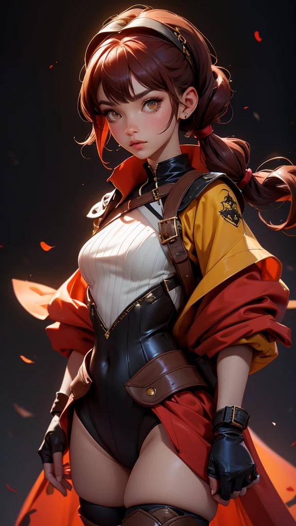 envision a 8k, highres, cinematic, beautiful full body splash art of a woman with dark red hair with small pigtails, yellow eyes, Pirate Dress, Tactical Skirt, Black coat over the shoulders, brown leotard, brown thighhighs, covered navel, leotard, leotard under clothes, red ribbon, in dark lighting, against a dark gray background