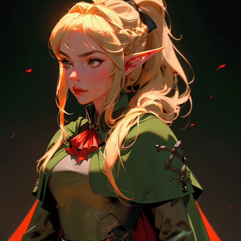 envision a 8k, highres, cinematic, beautiful close up portrait of a woman with blonde hair in a ponytail braid, red eyes, Military Dress, Tactical Skirt, Elegant Green Cape, Elf ears, tan skin,Fantasy accessories, in dark lighting, against a dark gray background