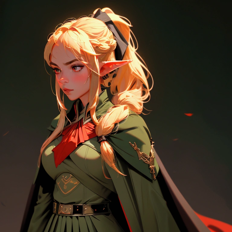 envision a 8k, highres, cinematic, beautiful close up portrait of a woman with blonde hair in a ponytail braid, red eyes, Military Dress, Tactical Skirt, Elegant Green Cape, Elf ears, tan skin,Fantasy accessories, in dark lighting, against a dark gray background