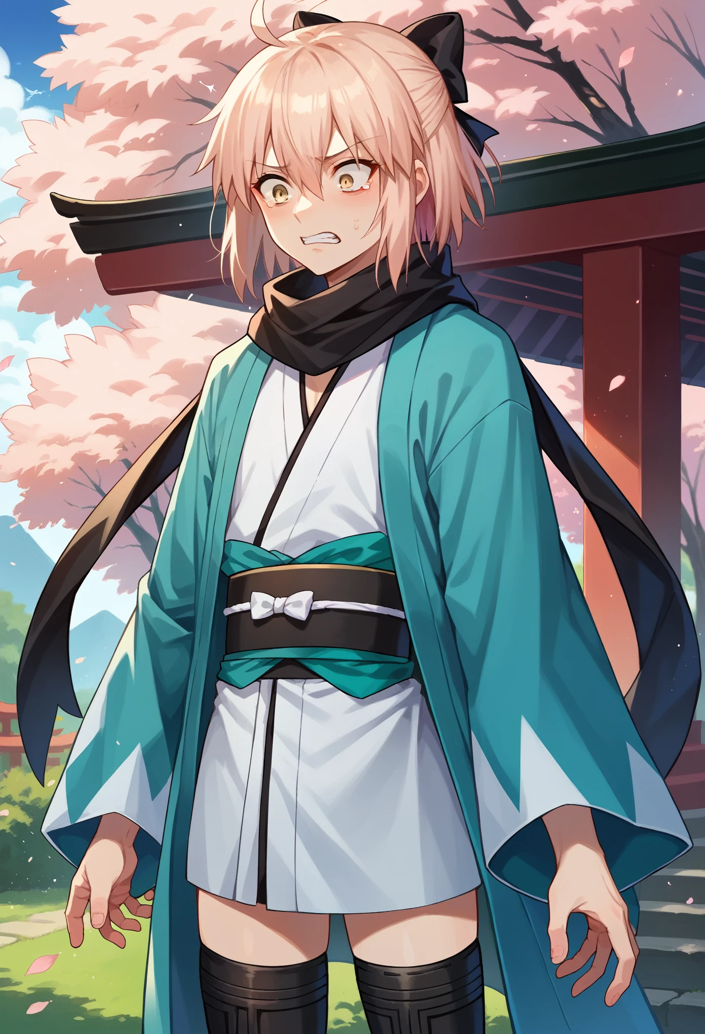 score_9, score_8_up, score_7_up, 1boy, solo, androgynous,  okita souji, ahoge, pink hair, hair between eyes, hair bow, short hair, yellow eyes, black scarf, black bow, japanese clothes, kimono, sash, scarf, black thighhighs, opened hands, standing, scared, shaking,  cowboy shot, looking down, japanese garden