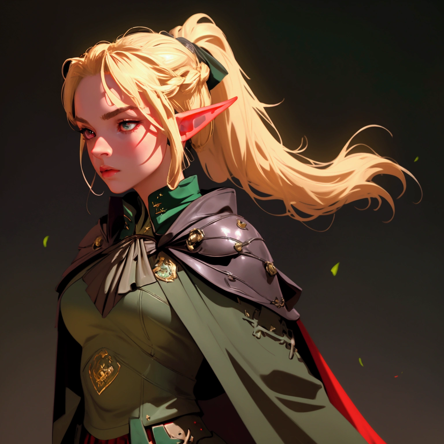 envision a 8k, highres, cinematic, beautiful close up portrait of a woman with blonde hair in a ponytail braid, red eyes, Military Dress, Tactical Skirt, Elegant Green Cape, Elf ears, tan skin,Fantasy accessories, in dark lighting, against a dark gray background