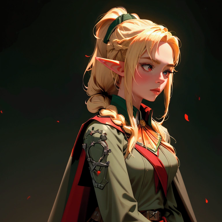 envision a 8k, highres, cinematic, beautiful close up portrait of a woman with blonde hair in a ponytail braid, red eyes, Military Dress, Tactical Skirt, Elegant Green Cape, Elf ears, tan skin,Fantasy accessories, in dark lighting, against a dark gray background