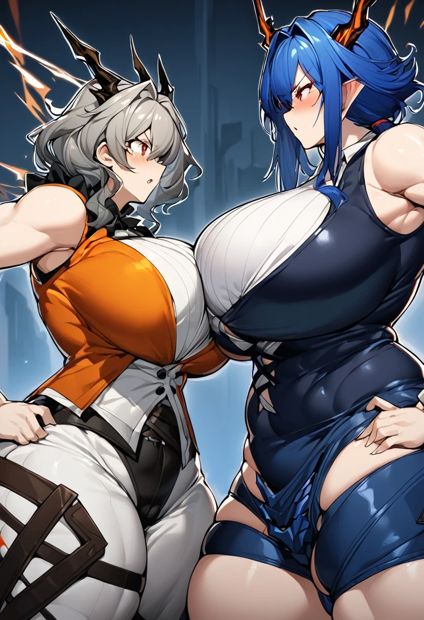 Serious face、(Grin:1.6)、(In 4K)、(High resolution:1.2)、(High freshness)、、(Whole Body Ezbian:1.2)、((short hair:1.2))、(Huge, perky, fake breasts:1.4)、Deep valley、(Two brave women with big  fighting the devil:1.6))、Skin Dance、 (Firm chest:1.6)、(Orange eyes)、((tight competition swimwear:1.6))、(Perfect body:1.8)、Wide Hips, Thick thighs, Huge Ass、Skin dents、(barefoot:1.2)、(Great abs:1.4)、(Narrow waist:1.4)、(White Background)、(Black skin:1.4)、(Dynamic pose:1.4)