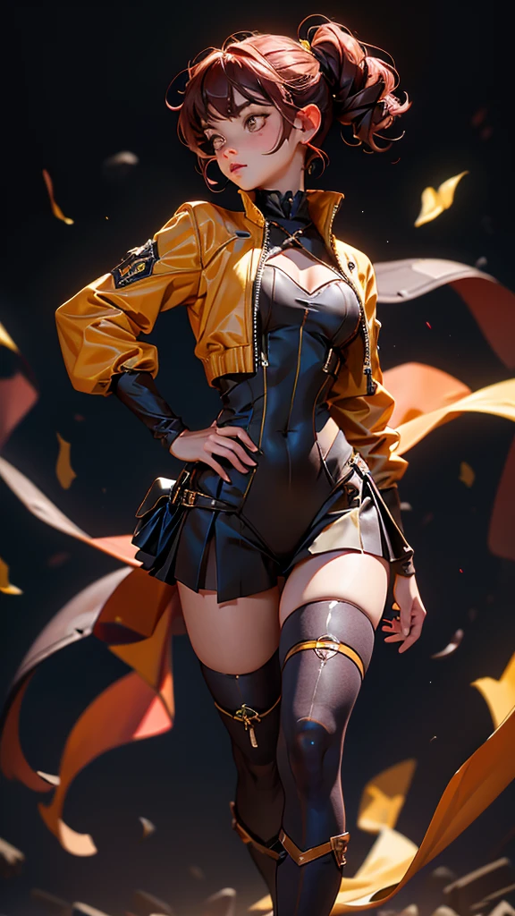 envision a 8k, highres, cinematic, beautiful full body splash art of a older mature woman milf with dark red hair with small pigtails, yellow eyes, Pirate Dress, Tactical Skirt, Black coat over the shoulders, brown leotard, brown thighhighs, covered navel, leotard, leotard under clothes, red ribbon, in dark lighting, against a dark gray background