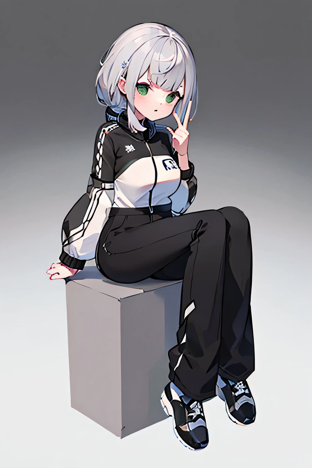 gray track jacket, lagran sleeves, black long pants, full body, high quality, sitting, White background,