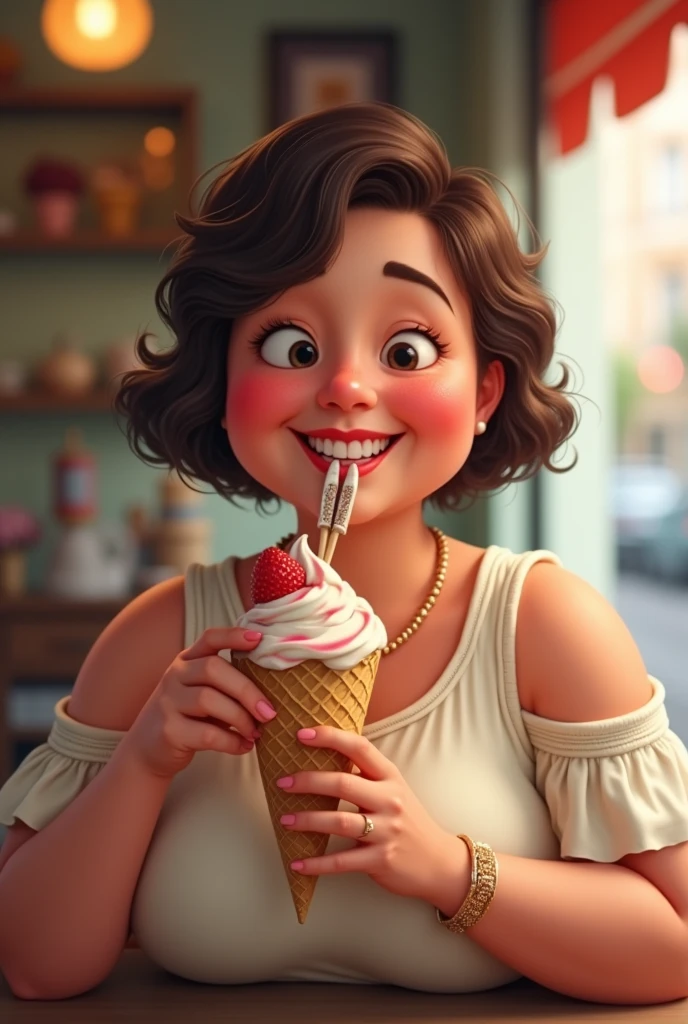 Chubby woman eating desserts with short curly hair