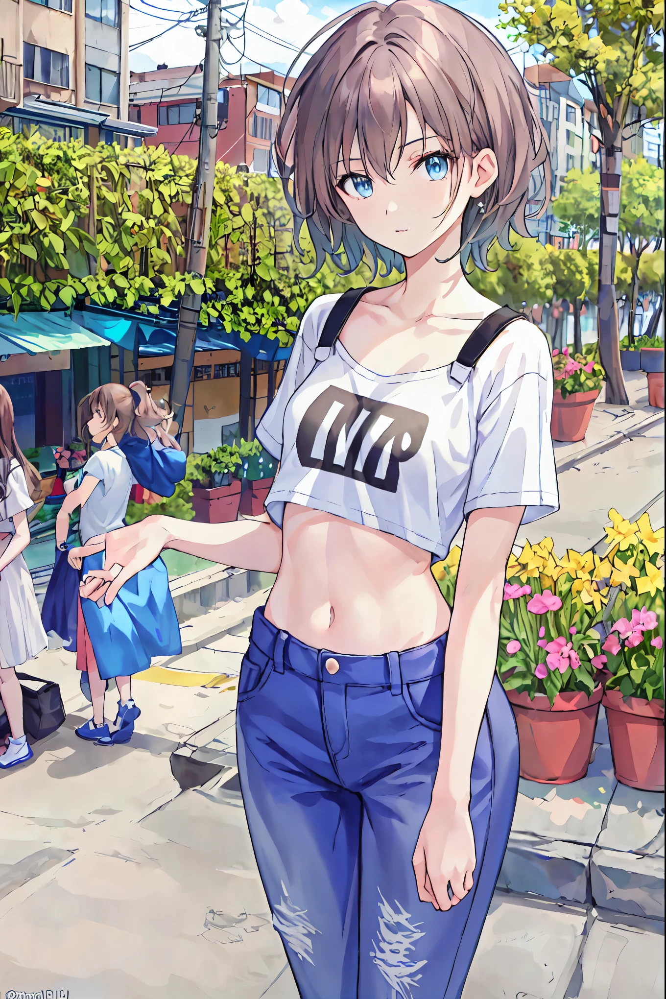 Brown Hair,Shortcuts,Messy Hair,Slender beauty,A dignified posture,Small chest,Beautiful feet,Her captivating grey-blue eyes shine like stars,Anime girl with long black hair and blue jeans,Girl posing for photo in white good and tight denim, Put your arms behind your back, whole body, Cropped T-shirt, good, Slim figure, Small Bust, Slim Girl Model, 2 female models,break (masterpiece:1.2), Highest quality, High resolution, unity 8k wallpaper, (shape:0.8), (Beautiful attention to detail:1.6), Highly detailed face, Perfect lighting, Extremely detailed CG, (Perfect hands, Perfect Anatomy),