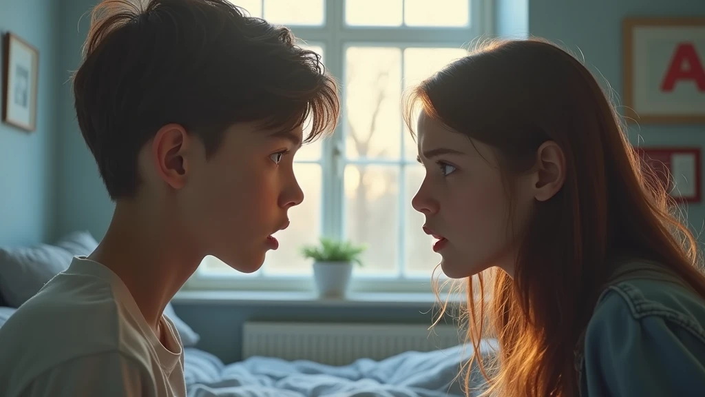 Ultra-realistic portrait of two teenagers, a boy and a girl, both with expressions of frustration and tension. The boy has short brown hair and the girl has long brown hair. They are dressed casually. The portrait should be from the waist up.
The teenagers are facing each other in a room, with elements such as a bed and a window in the background, but blurred so as not to distract from the main subjects.
The lighting should be soft and natural, with afternoon light coming from a window, creating subtle shadows that accentuate the teenagers' expressions of frustration. The light should highlight the eyes and the texture of the skin, emphasizing the seriousness of the situation.
The image should convey a sense of tension and frustration, with a touch of vulnerability. Suggest a neutral color palette, such as greys and blues, that complements the atmosphere of the room.
Image Quality: The photo should be of high quality, with 8k rendering and extreme detail, capturing the emotional essence of the moment.