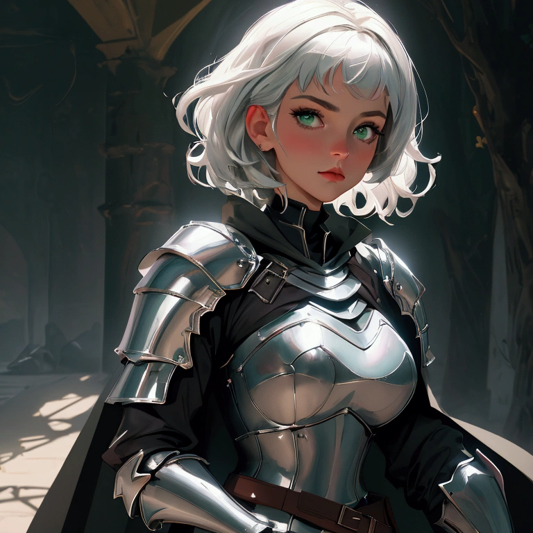 envision a 8k, highres, cinematic, beautiful close up portrait of a woman with big breasts and wide hips with silver white short hair, green eyes, Military Dress, Tactical Skirt, Black Cape, Knight armor, Fantasy accessories, in dark lighting, against a dark gray background