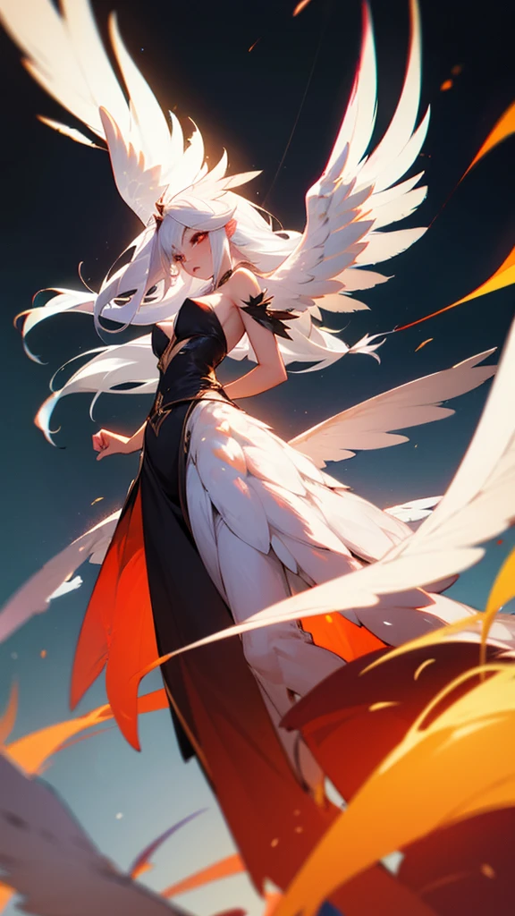 Egg-colored demon girl + Wear a white swimsuit with sleeves + white boots + It has white wings over black on its hips. + long yellow hair + yellow eyes + There is a small yellow star on the left cheek. + has a white tail + white ribbon + He has gray-white horns. + Has a black collar + There is a white shawl that leaves the middle