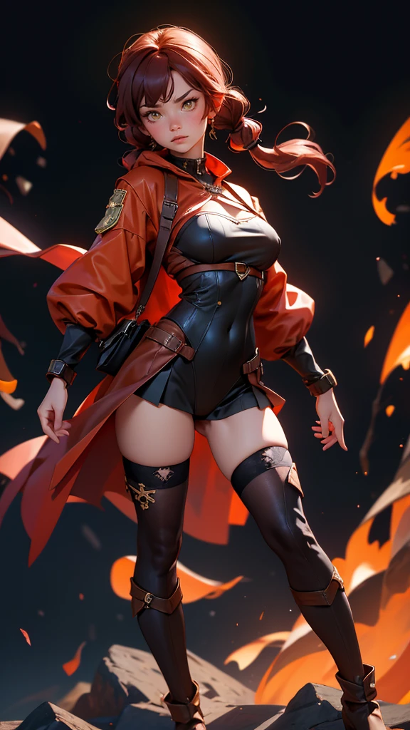 envision a 8k, highres, cinematic, beautiful full body splash art of a older mature woman milf with dark red hair with small pigtails, yellow eyes, Pirate Dress, Tactical Skirt, Black coat over the shoulders, brown leotard, brown thighhighs, covered navel, leotard, leotard under clothes, red ribbon, in dark lighting, against a dark gray background