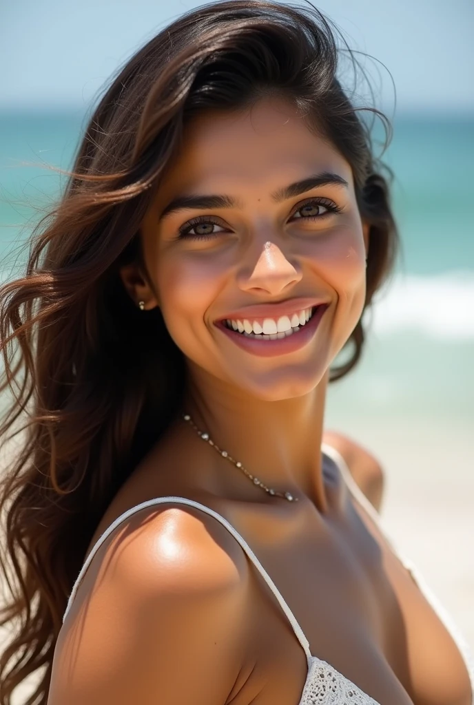 There is a young, Beautiful indian woman, who looks to the future like Katrina Kaif. Smiles into the camera, beautiful teeth. She stands there and looks into the camera, a portrait from raw photo, (on the beach)