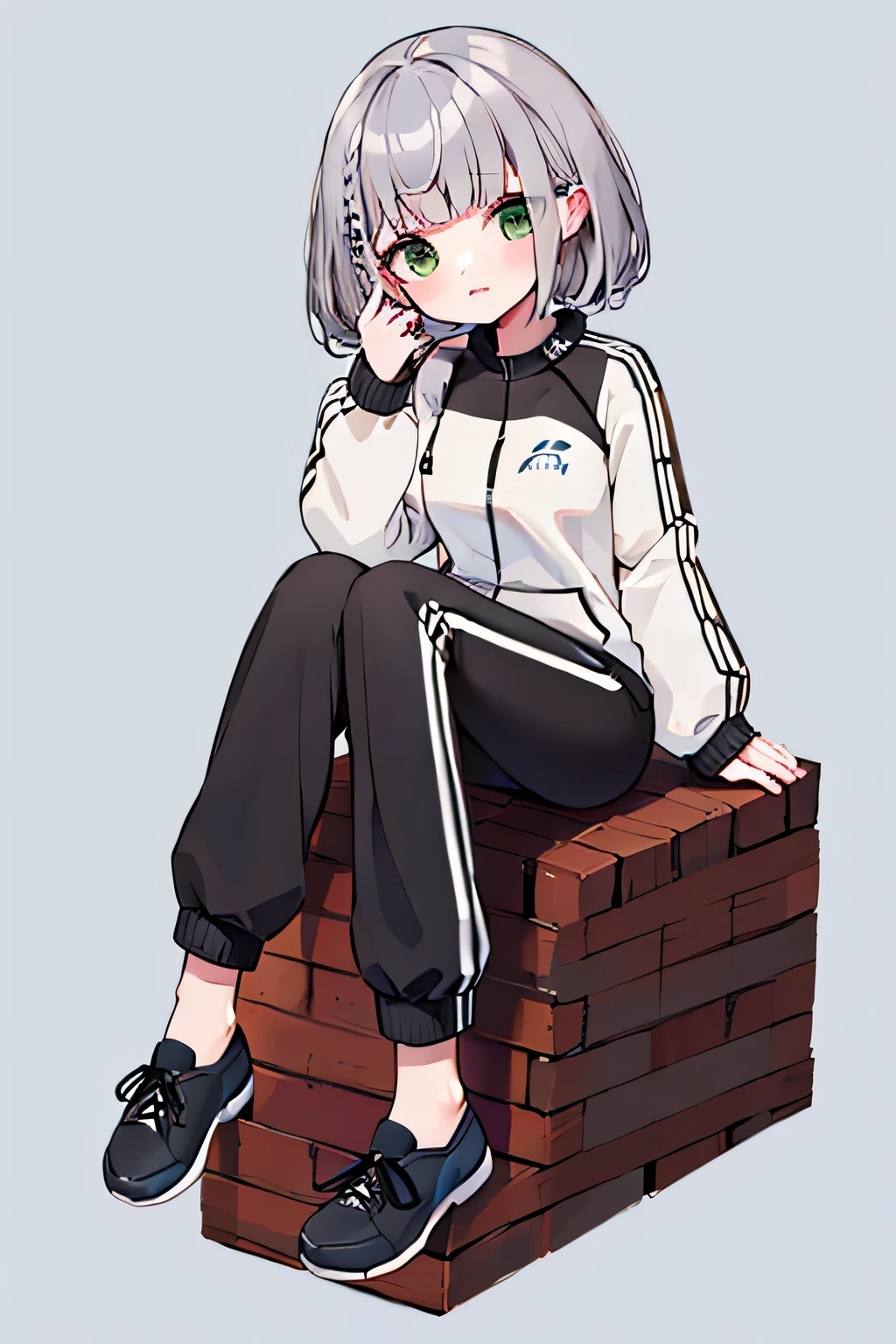 gray track jacket, lagran sleeves, black long pants, full body, high quality, sitting, White background,