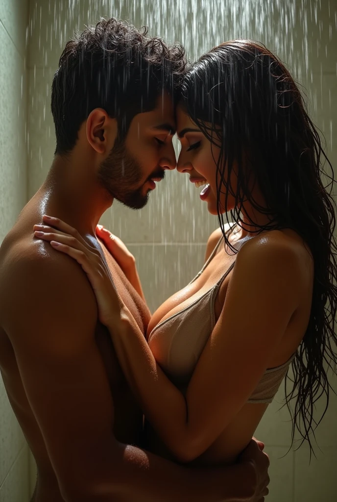 A man with light brown skin tone and little beard intimating with a woman with fair skin black hair and curvy figure in a shower